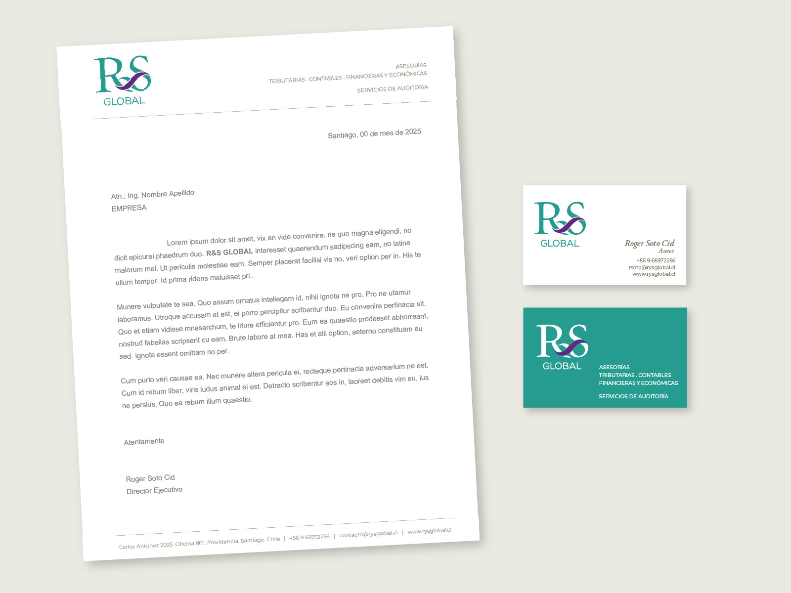 R&S_02_1600x1200px Diseño de hoja carta y tarjeta dentro del proyecto de refrescamiento de logotipo de R&S global bajo los conceptos eficiente, clásico y muy actual