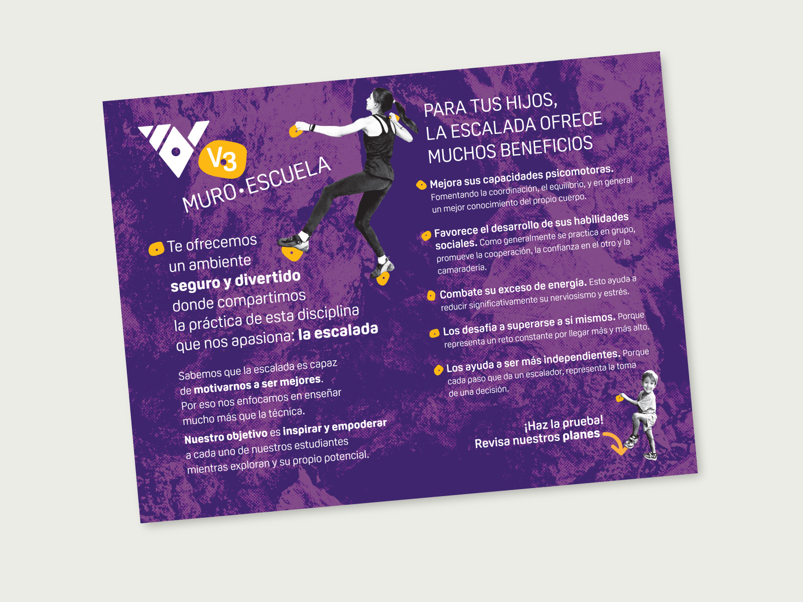 V3-02_1600x1200px diseño de material informativo para muro-escuela de escalada, propusimos una imagen colorida y muy urbana destacando la imagen femenina para incentivar la participación de niñas y muchachas en este deporte