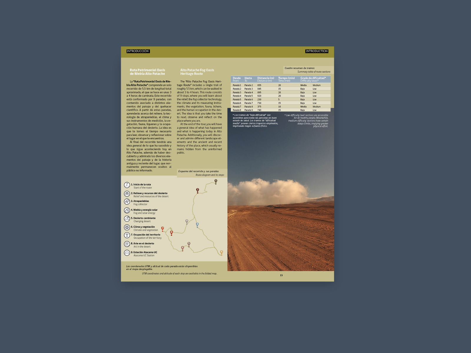 altopatache_01_1600x1200px diagramación de topoguía bilingüe y mapa de recorrido para el desierto de niebla alto patache. diseño de sistema de íconos y paleta de color acorde al paisaje