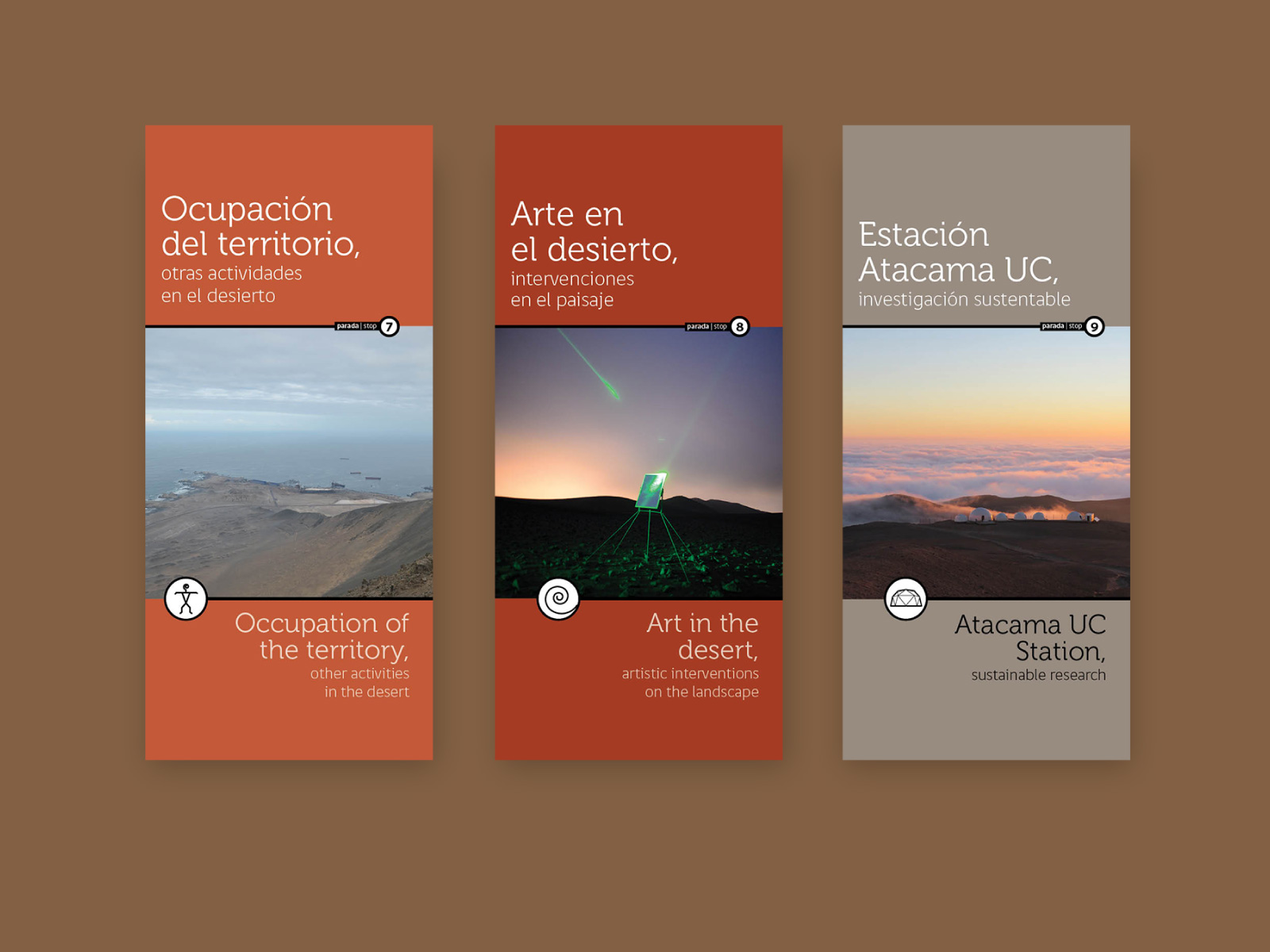 altopatache_02_1600x1200px diagramación de topoguía bilingüe y mapa de recorrido para el desierto de niebla alto patache. diseño de sistema de íconos y paleta de color acorde al paisaje