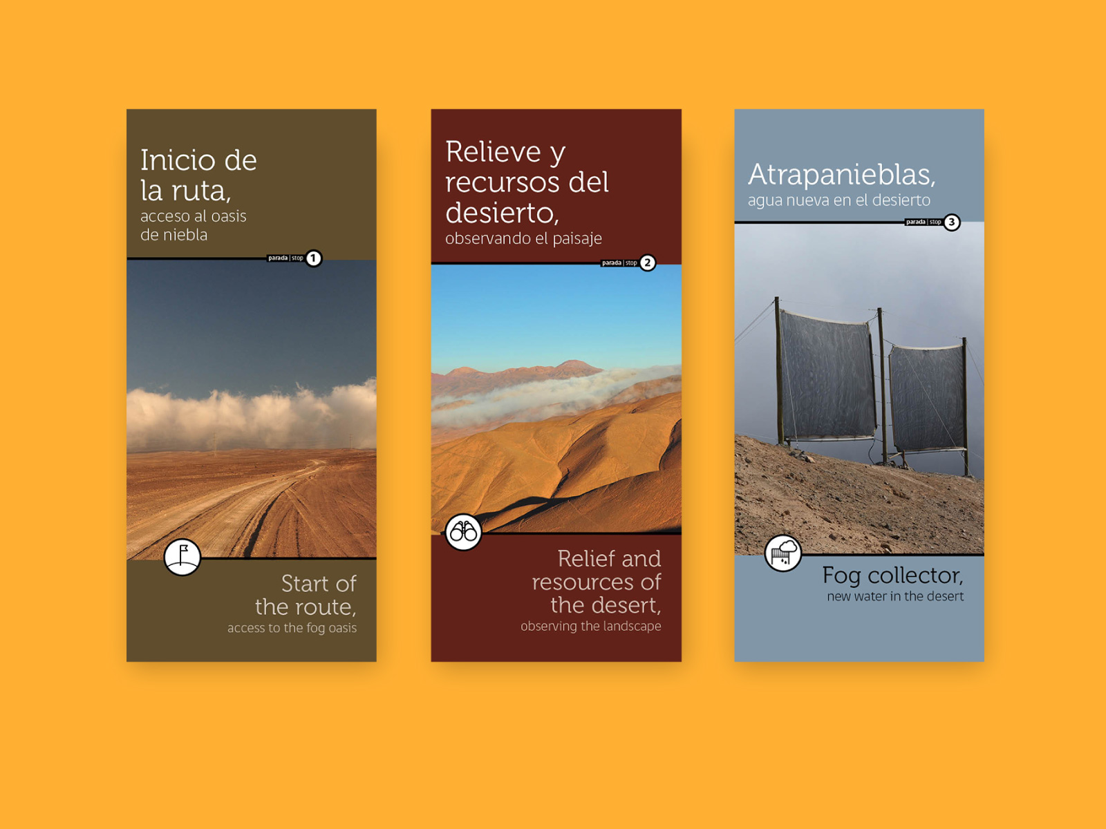 altopatache_06_1600x1200px diagramación de topoguía bilingüe y mapa de recorrido para el desierto de niebla alto patache. diseño de sistema de íconos y paleta de color acorde al paisaje