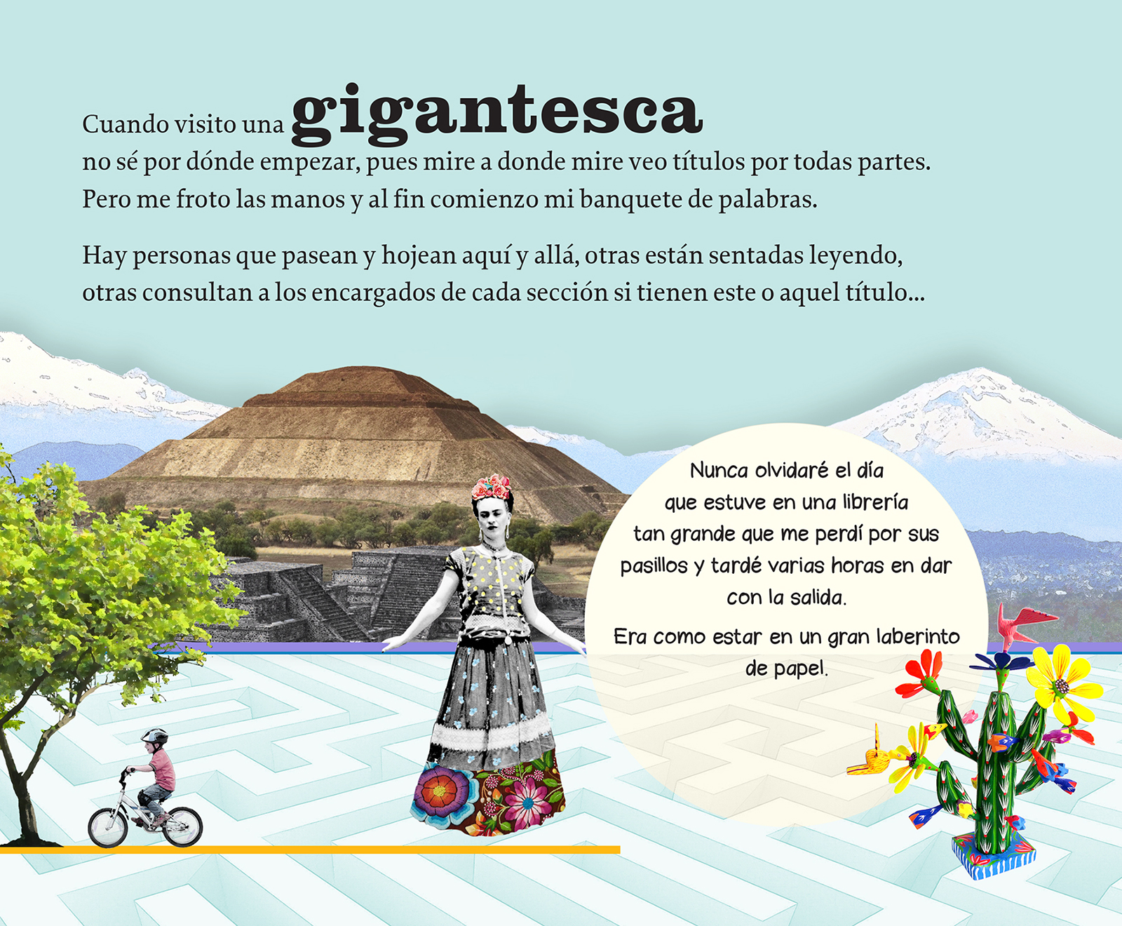 arte4_dondeesperan_pag4-5 dirección creativa, diseño de colección, ilustración de libro para niños Donde esperan los libros, colección El instrumento asombroso. cyls editores, autor Fran Nuño, ilustradora Elena Terife