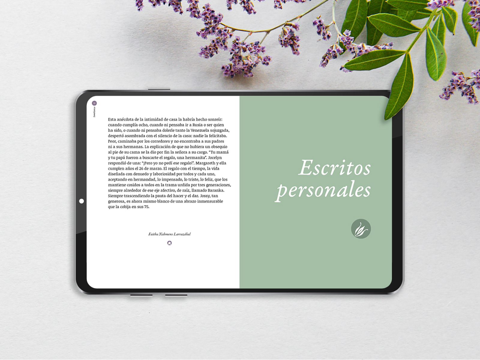 jossy_04_1600x1200px Libro diseñado para ser leído en pantalla con una estructura sencilla de solo 30 líneas de texto por página, con interlineado y márgenes generosos. Compuesto con una tipografía con excelente lectura para pantalla, con minúsculas de ojo grande y con un serif ligeramente cuadrado. Para los titulares, escogimos una tipografía clásica en su versión itálica. Esto nos ayudó a darle un tono femenino y epistolar adecuado al espíritu del libro. Todo complementado con una paleta de color cálida y luminosa.