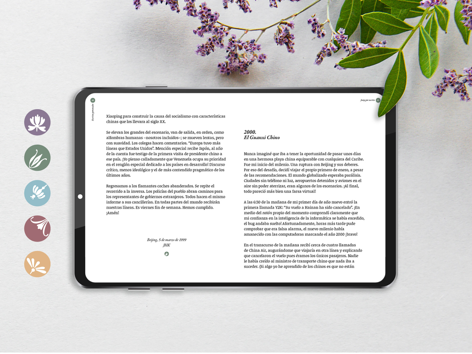 jossy_07_1600x1200px Libro diseñado para ser leído en pantalla con una estructura sencilla de solo 30 líneas de texto por página, con interlineado y márgenes generosos. Compuesto con una tipografía con excelente lectura para pantalla, con minúsculas de ojo grande y con un serif ligeramente cuadrado. Para los titulares, escogimos una tipografía clásica en su versión itálica. Esto nos ayudó a darle un tono femenino y epistolar adecuado al espíritu del libro. Todo complementado con una paleta de color cálida y luminosa.