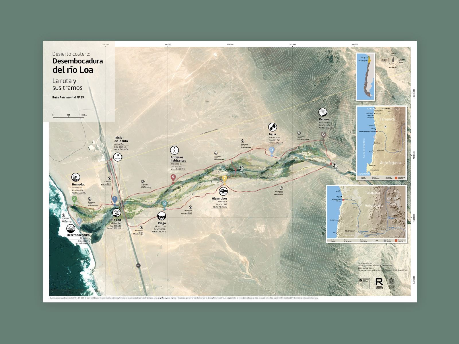 rioloa_04_1600x1200px diseño de mapa ilustrado incluyendo ruta e iconografía para recorrido peatonal en la desembocadura del río Loa, Chile