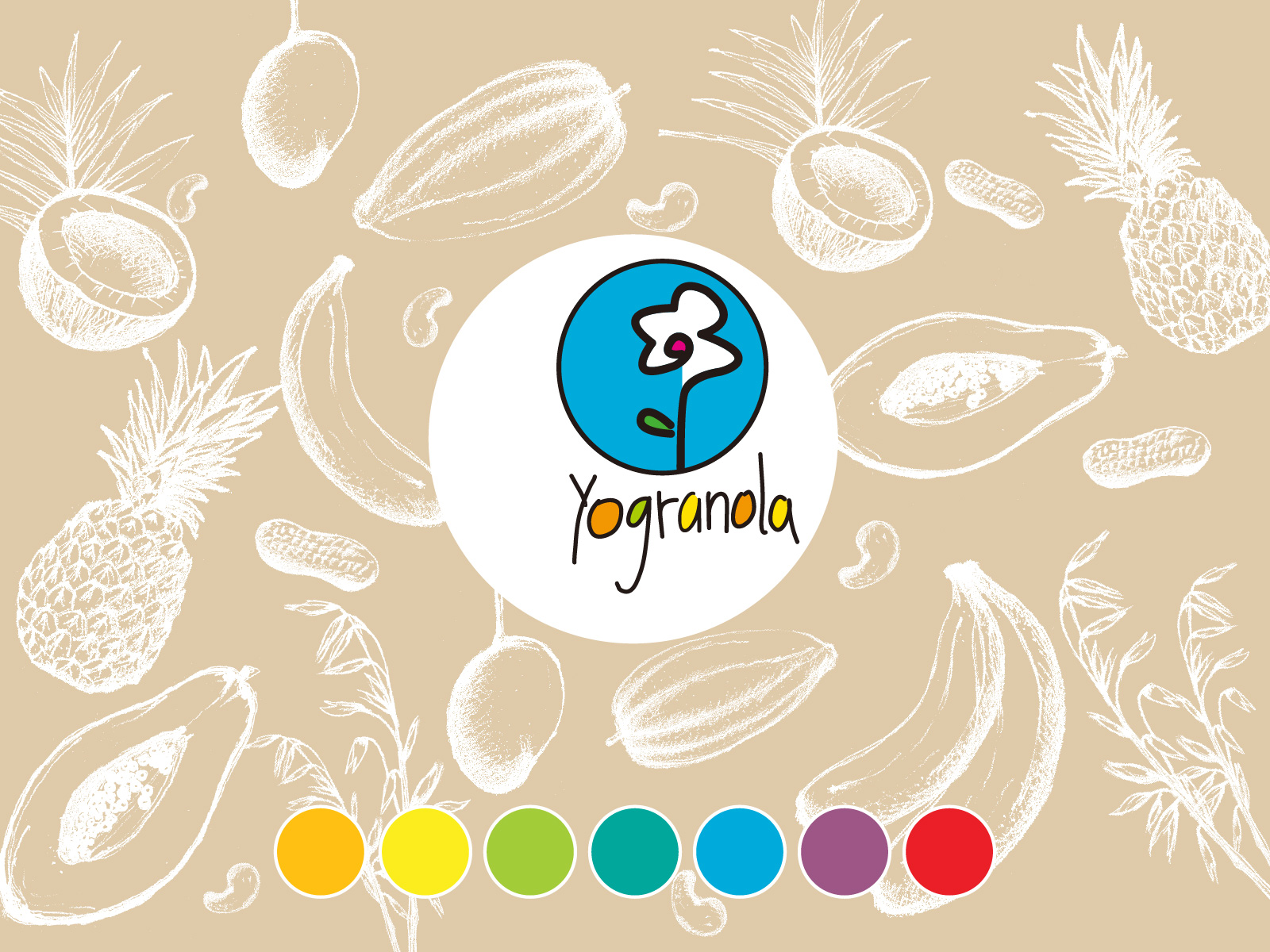 yogranola-09_1600x1200px logotipo yogranola, diseñado con lettering dibujado a mano alzada y paleta de color saturada y vibrante. Ilustraciones de ingredientes dibujados a mano