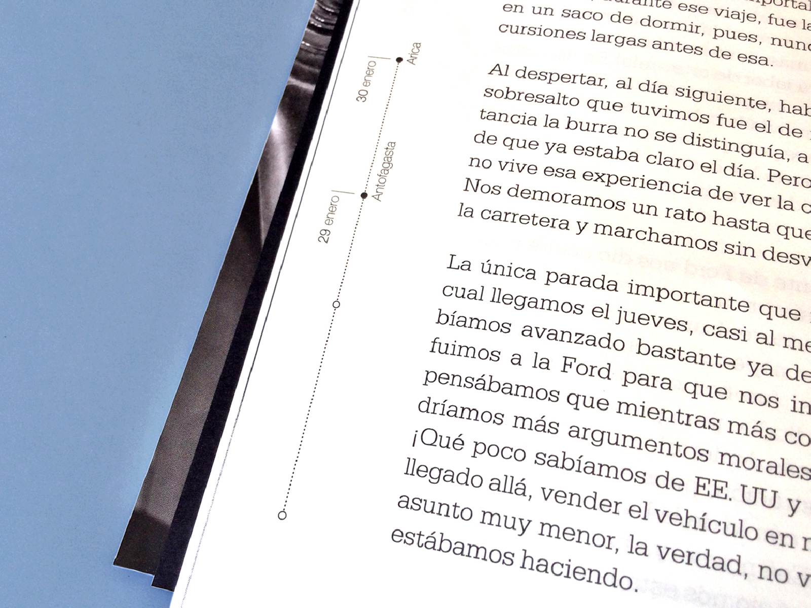 Lamitadela_03_1600x1200px diseño editorial. libro sobre notas de un diario de un viaje en 1970 a bordo de un ford A de 1930, diseño tipográfico con infografía mapa de recorrido por sudamérica